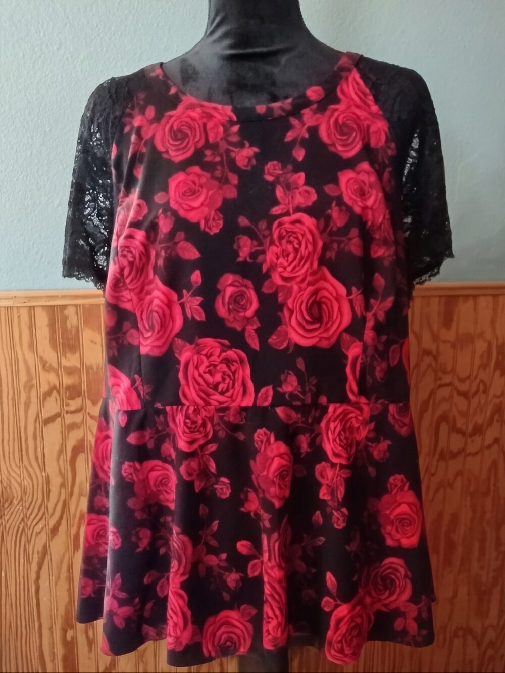 Black top with Red roses, lace cap sleeves